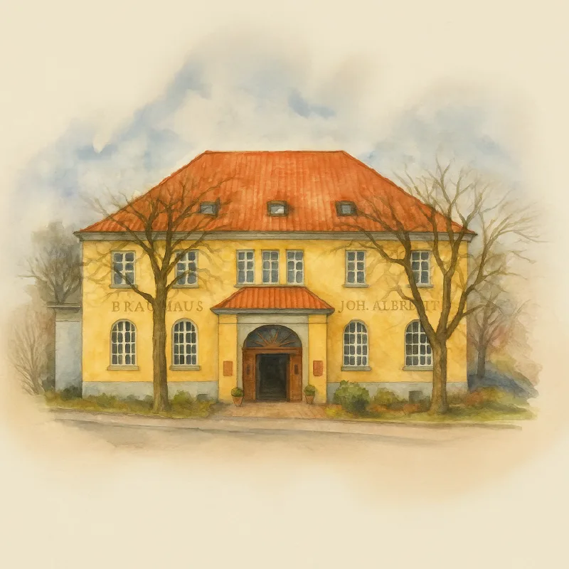 Aquarellartige Illustration der Außenansicht des Brauhauses Joh. Albrecht in Soltau