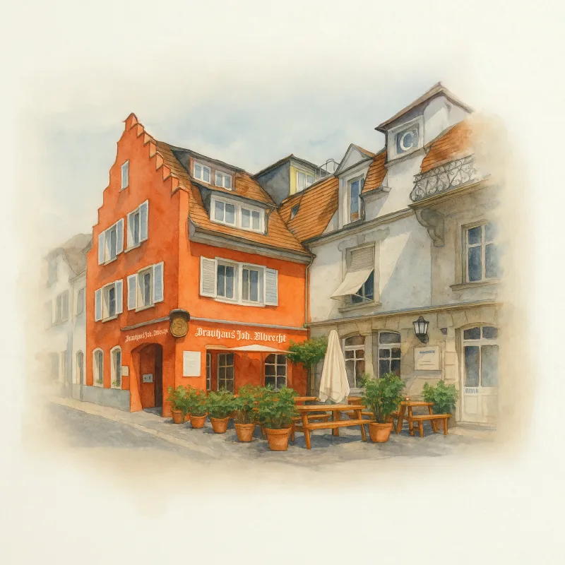 Aquarellartige Illustration der Außenansicht des Brauhauses Joh. Albrecht in Konstanz