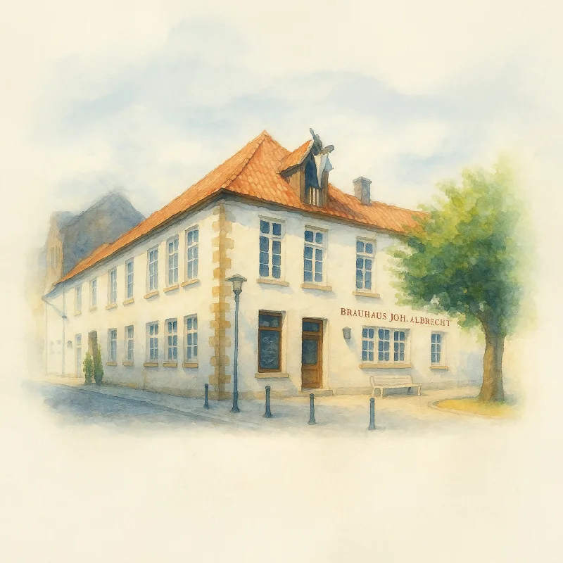 Aquarellartige Illustration der Außenansicht des Brauhauses Joh. Albrecht in Bielefeld