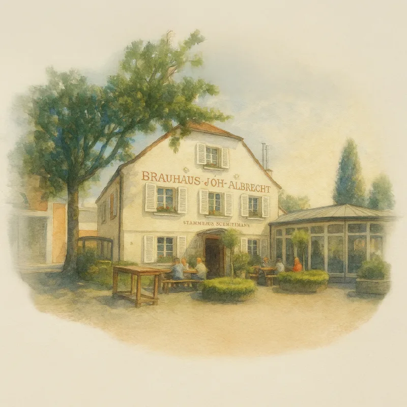 Aquarellartige Illustration der Außenansicht des Brauhauses Joh. Albrecht in Düsseldorf