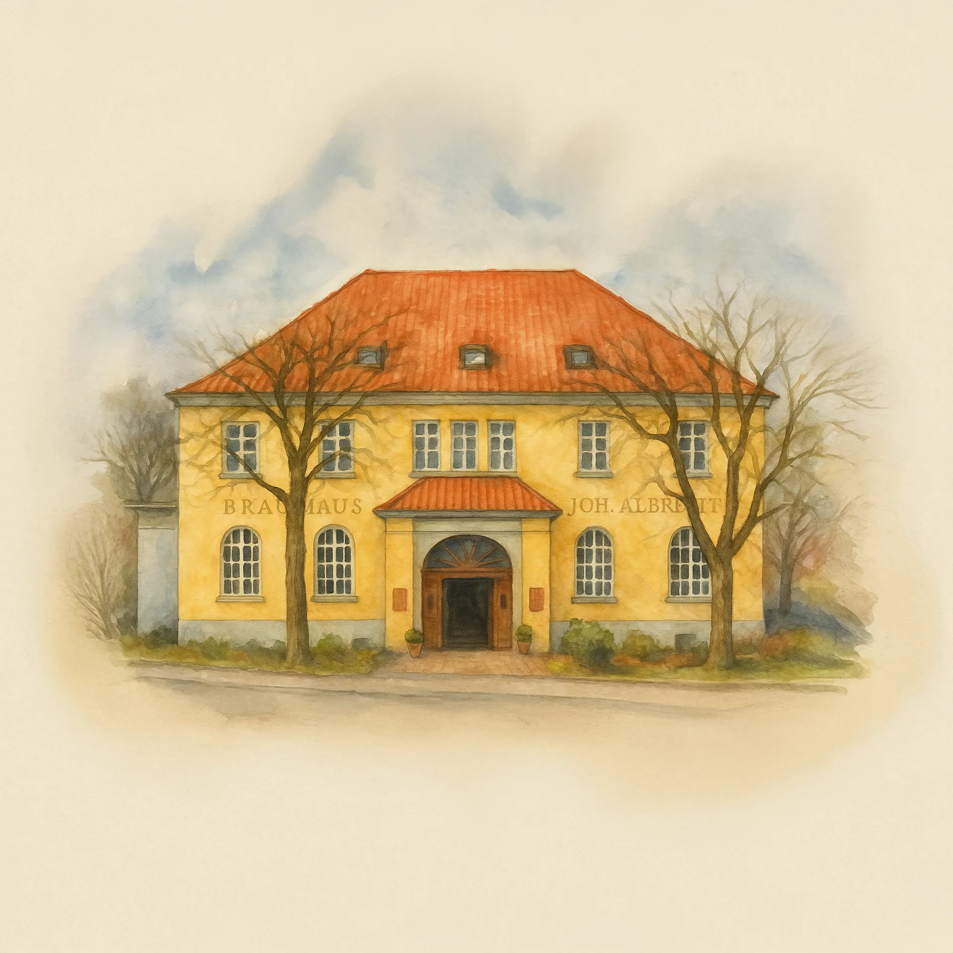 Aquarellartige Illustration der Außenansicht des Brauhauses Joh. Albrecht in Soltau