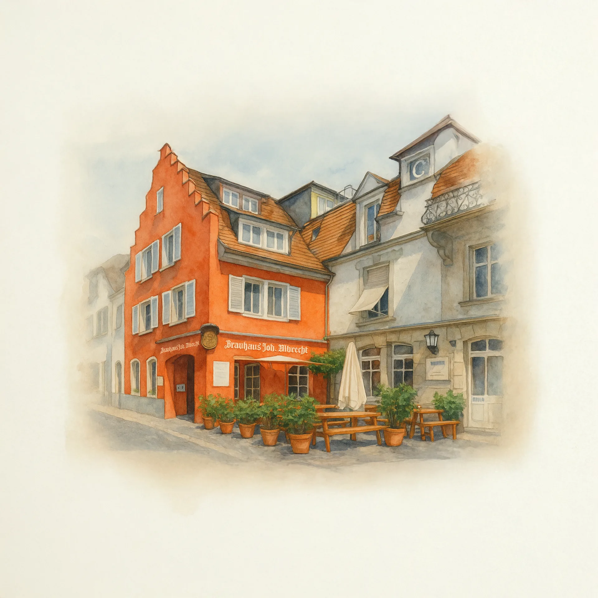 Aquarellartige Illustration der Außenansicht des Brauhauses Joh. Albrecht in Konstanz