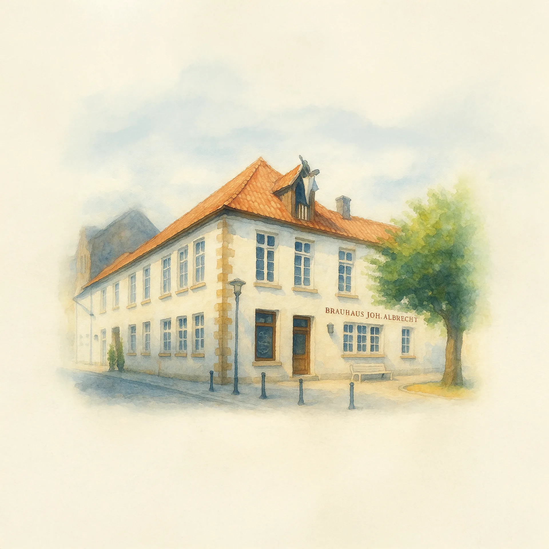 Aquarellartige Illustration der Außenansicht des Brauhauses Joh. Albrecht in Bielefeld