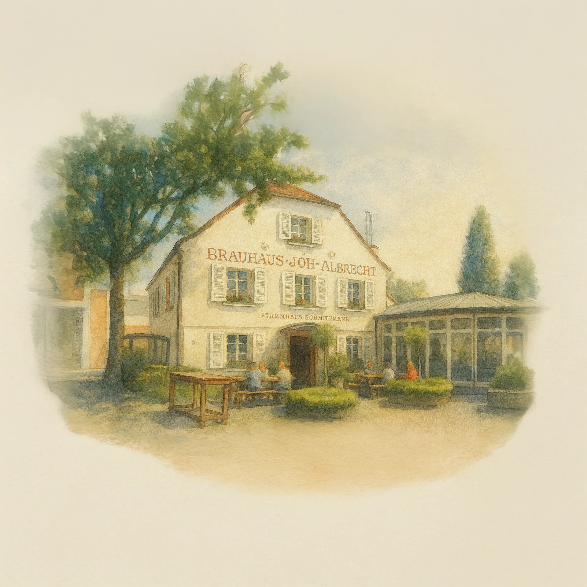 Aquarellartige Illustration der Außenansicht des Brauhauses Joh. Albrecht in Düsseldorf