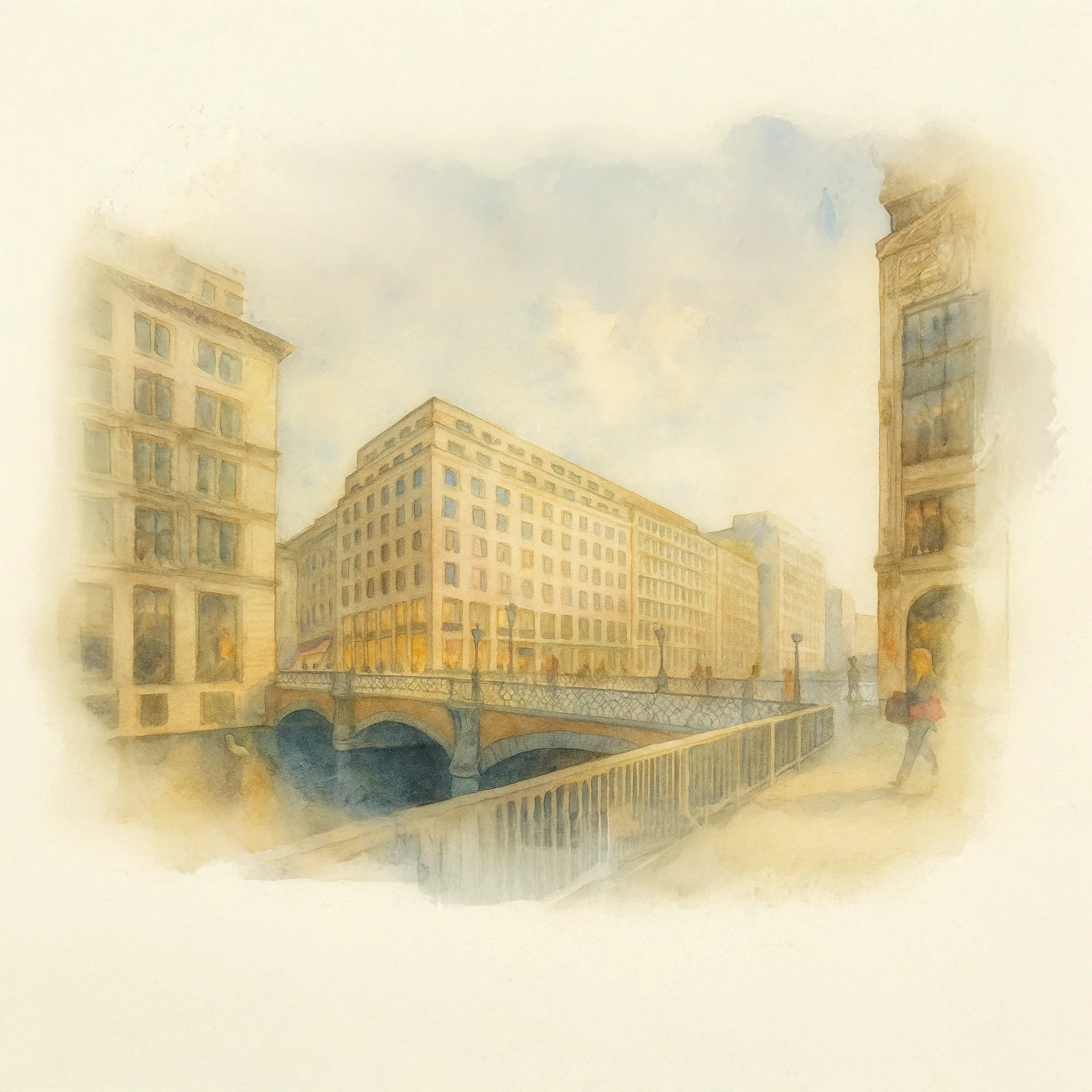 Aquarellartige Illustration der Außenansicht des Brauhauses Joh. Albrecht in Hamburg